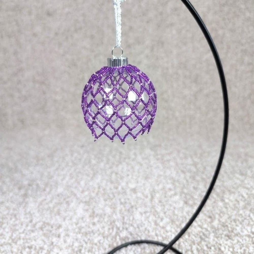 Purple Beaded Christmas Ornament with Silver Ribbon Plastic‎ Ball Holiday